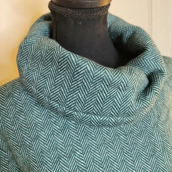 Lands End Cowl Funnel Neck Green Herringbone Fleece Pullover Tunic Sweater✨️L - Picture 7 of 13